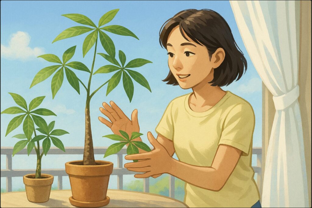 ベランダで日本人女性が健康的なパキラを日光に当てながら、風通しを確認している。そよ風に葉が揺れ、背景に青空とカーテンが揺れる。植物が生き生きと育つ印象。