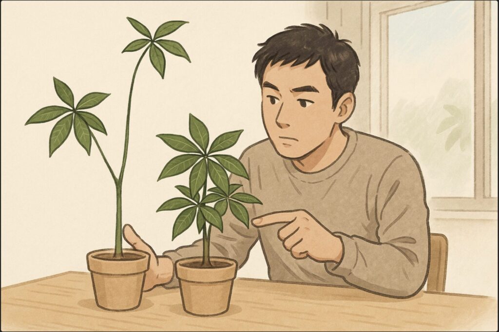 日本人男性が机の上に置いたパキラを観察し、節と節の間隔が長くなった茎を指で示している。隣に健康なパキラも置かれ、違いが視覚的に分かる構図。明るい日中の室内。