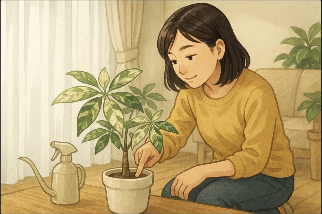 日本人女性がリビングの窓際でパキラの鉢に指を差し込み、土の乾き具合を確かめている。傍らにジョウロと霧吹き、光はレースカーテン越し。穏やかな昼の室内。