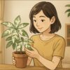 明るいリビングの中で、日本人女性が白い斑入りのパキラを丁寧に両手で持ち、葉の模様をやさしく眺めている。背景にはナチュラルな木製家具と観葉植物が並ぶ。柔らかい自然光が差し込み、穏やかな雰囲気。