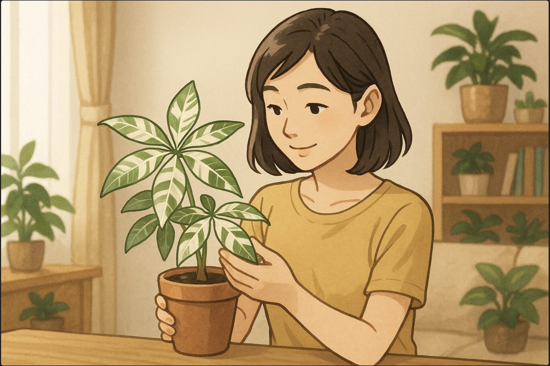 明るいリビングの中で、日本人女性が白い斑入りのパキラを丁寧に両手で持ち、葉の模様をやさしく眺めている。背景にはナチュラルな木製家具と観葉植物が並ぶ。柔らかい自然光が差し込み、穏やかな雰囲気。