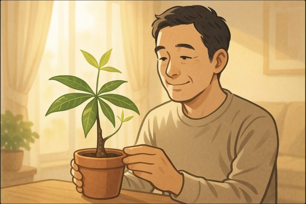 日本人男性が朝の光の差すリビングで、パキラの新芽を穏やかな笑顔で眺めている。背景に柔らかい光と静かな雰囲気。希望や成長を感じさせるイメージ。
