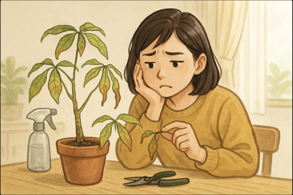 日本人女性が明るい室内で、葉がしおれたパキラの鉢を前に困った表情で見つめている。テーブルの上には霧吹きやハサミが置かれ、植物のケアを考えている様子。