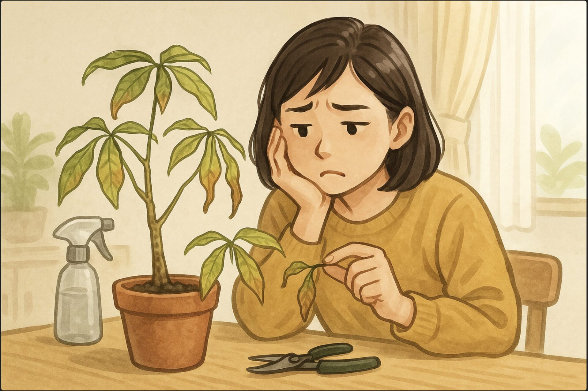 日本人女性が明るい室内で、葉がしおれたパキラの鉢を前に困った表情で見つめている。テーブルの上には霧吹きやハサミが置かれ、植物のケアを考えている様子。