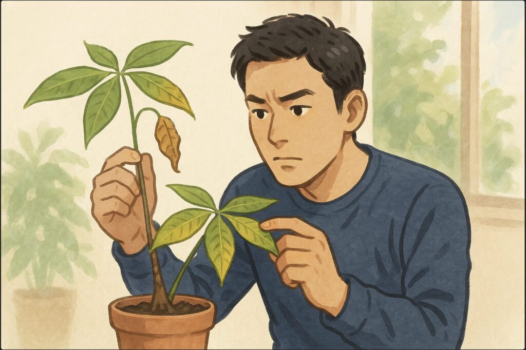 日本人男性がパキラを観察しながら、枯れた新芽や黄ばんだ葉を確認している。背景には窓辺の光と緑の観葉植物。原因を探るような真剣な表情。