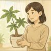 明るいリビングの窓際で、日本人女性が鉢植えのパキラを両手で持ち、日光の入り具合を確認している。背景にはレースカーテン越しの柔らかな光が差し込み、部屋には他の観葉植物も少し見える。