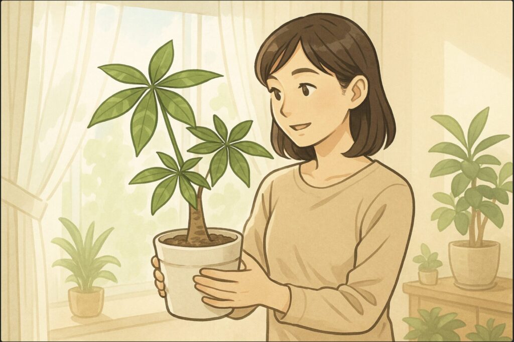 明るいリビングの窓際で、日本人女性が鉢植えのパキラを両手で持ち、日光の入り具合を確認している。背景にはレースカーテン越しの柔らかな光が差し込み、部屋には他の観葉植物も少し見える。