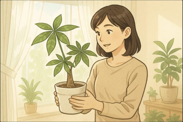 明るいリビングの窓際で、日本人女性が鉢植えのパキラを両手で持ち、日光の入り具合を確認している。背景にはレースカーテン越しの柔らかな光が差し込み、部屋には他の観葉植物も少し見える。