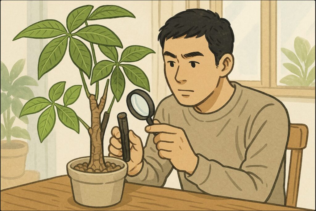 日本人男性が室内のテーブルに置いたパキラを観察し、健康な幹と黒ずんだ幹を見比べている。手元には小さなルーペを持ち、幹の状態を確認する仕草。背景は明るい部屋の自然光。