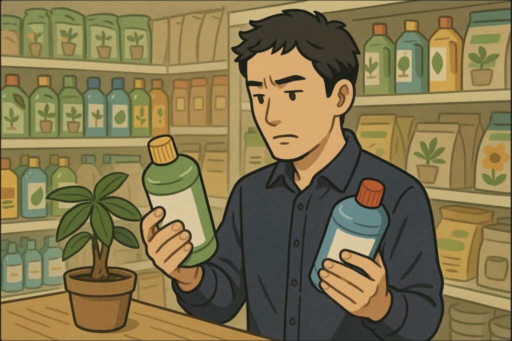 日本人男性がホームセンターの園芸コーナーで、液体肥料と固形肥料のボトルを手に取り、成分表示を見比べて悩んでいる。背景に棚いっぱいの園芸用品。