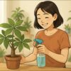 日本人女性が明るい室内で、健康なパキラの鉢を前に笑顔でスプレーボトルを手に取り、栄養剤を与えようとしている。背景には観葉植物が並ぶナチュラルなリビング。