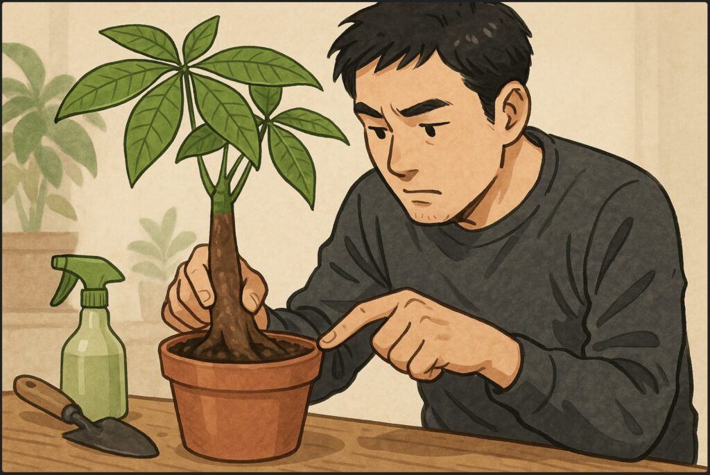 日本人男性が鉢植えのパキラを傾け、根元部分の土を確認している。幹を指で押して柔らかさを確かめる様子。背景に植物用スプレーや園芸道具。やや湿った土とブヨブヨした幹の質感を強調。