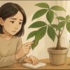 室内で日本人女性が、パキラの葉から出るベタついた樹液を心配そうに見つめている。机の上には濡れた布と園芸用スプレーが置かれている。柔らかな日差し、落ち着いた雰囲気。