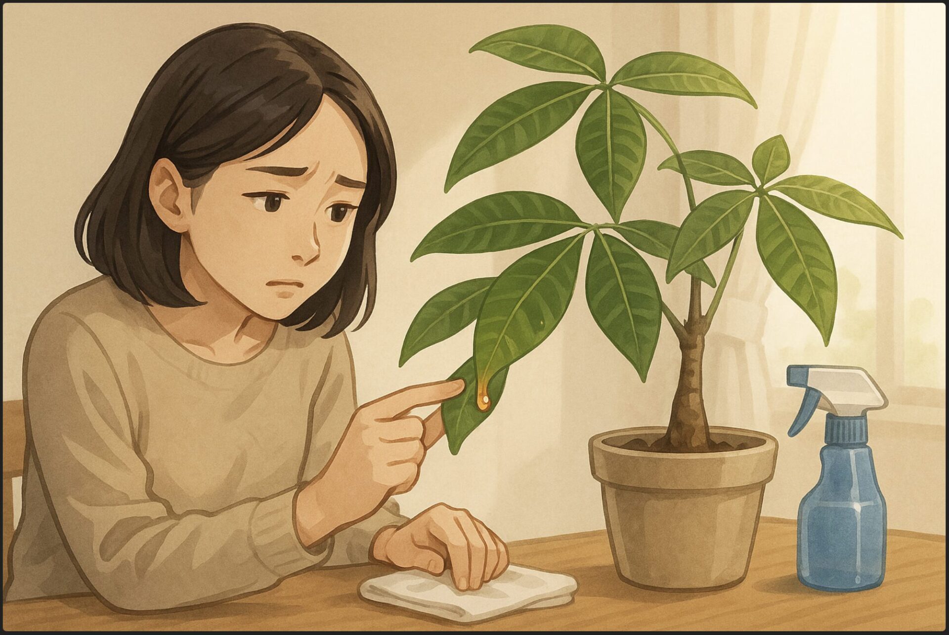 室内で日本人女性が、パキラの葉から出るベタついた樹液を心配そうに見つめている。机の上には濡れた布と園芸用スプレーが置かれている。柔らかな日差し、落ち着いた雰囲気。