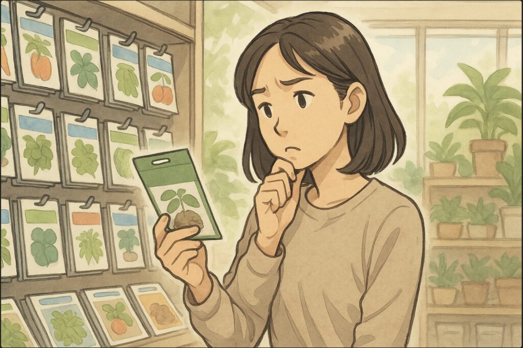 日本人女性がホームセンターの種売り場で、棚に並ぶ種袋を手に取りながら探しているが、パキラの種が見当たらず首をかしげている。背景に植物コーナー。自然光の屋内。