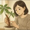 日本人女性がリビングの明るい窓際で、茶色く変色したパキラの幹を心配そうに観察している。鉢植えのパキラの葉は一部元気だが、幹の色が変わっており、手で触って確かめる動作。柔らかな自然光が差し込む室内。