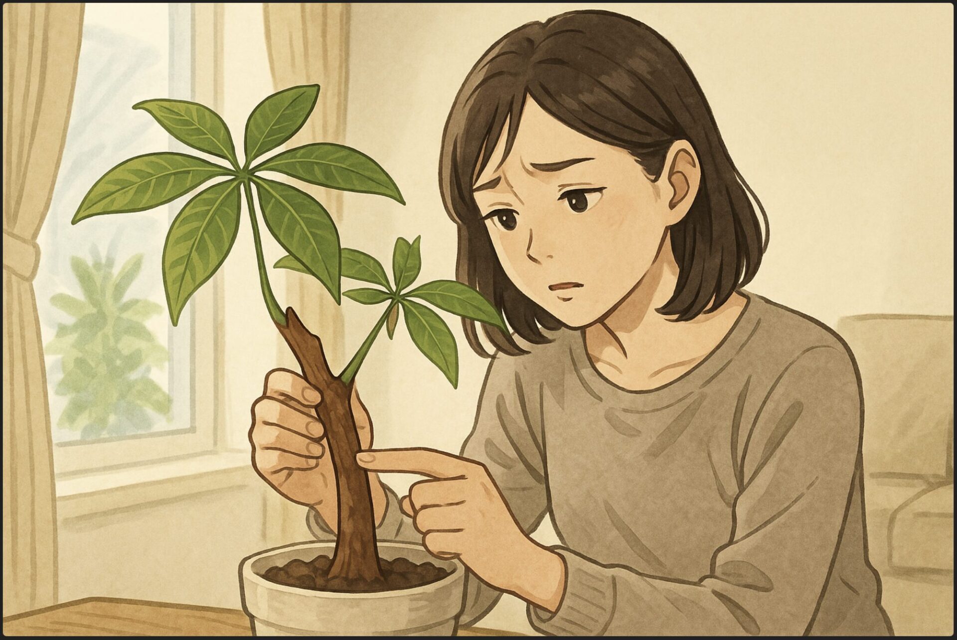 日本人女性がリビングの明るい窓際で、茶色く変色したパキラの幹を心配そうに観察している。鉢植えのパキラの葉は一部元気だが、幹の色が変わっており、手で触って確かめる動作。柔らかな自然光が差し込む室内。