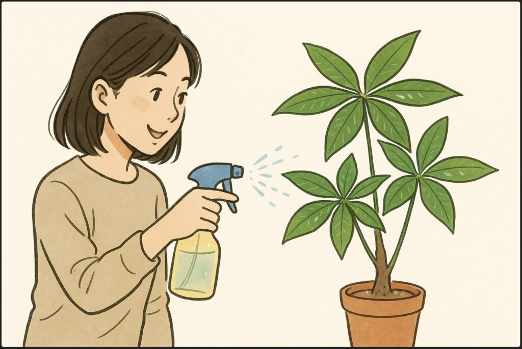 パキラの葉っぱに霧吹きをしたらどうなる？