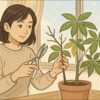日本人女性がリビングの窓際で、鉢植えのパキラを前に枝の混み具合を確認している。手には清潔な剪定ハサミを持ち、健康な枝と枯れた枝を見比べるような穏やかな表情。自然光の差し込む室内。