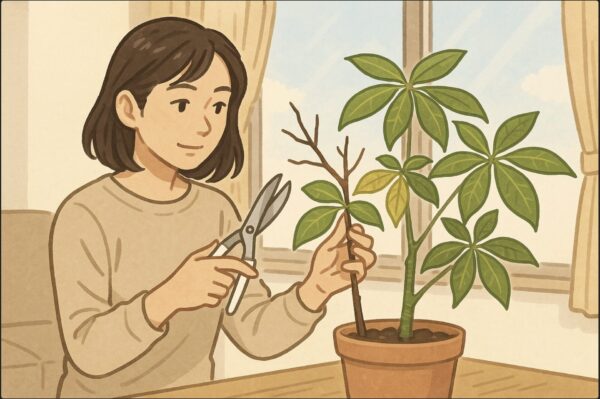 日本人女性がリビングの窓際で、鉢植えのパキラを前に枝の混み具合を確認している。手には清潔な剪定ハサミを持ち、健康な枝と枯れた枝を見比べるような穏やかな表情。自然光の差し込む室内。