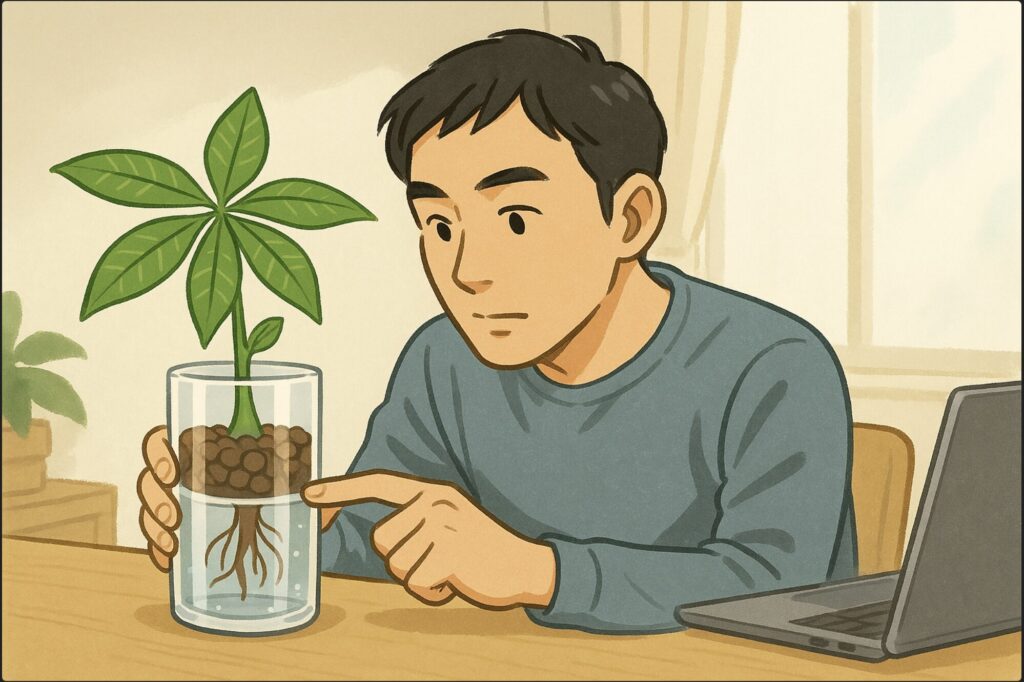 日本人男性がデスク上のガラス容器に植えたパキラを観察し、根元の水位を確認している。背景にはノートパソコンと窓からの柔らかい光。