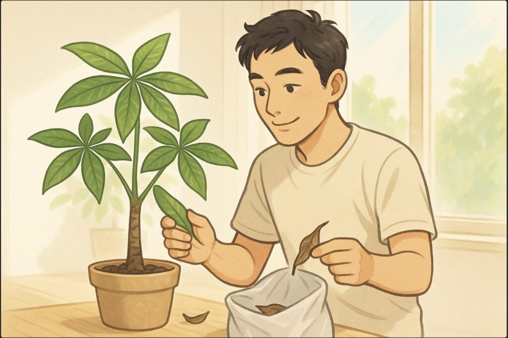 日本人男性が明るい窓辺で健康なパキラの葉艶を指でなでて確認しながら、もう片手で床の枯れ葉を拾い上げゴミ袋に入れようとしている。清潔な室内、爽やかな朝の光でポジティブな雰囲気。