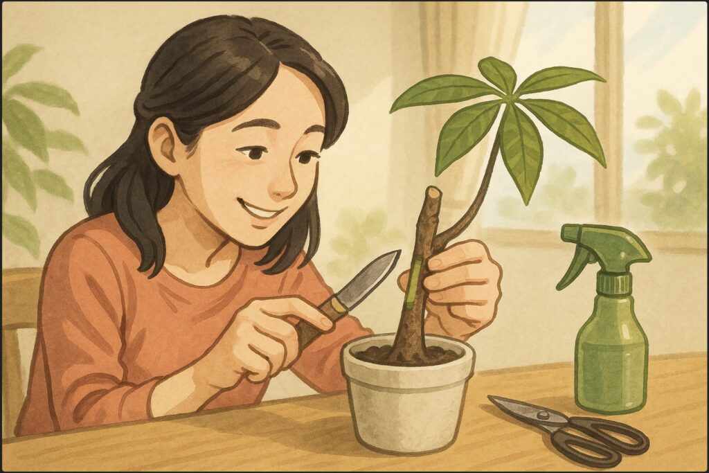日本人女性が、枯れかけたパキラの幹の表皮をナイフで少し削り、緑色の部分を見つけて微笑んでいる。テーブルに霧吹きと清潔なハサミ。再生の希望を感じる構図。