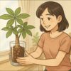 明るいリビングで、日本人女性がガラス容器に植えられたパキラを両手で持ち、微笑みながら窓辺に飾っている。背景にはナチュラルな木製の家具と観葉植物。