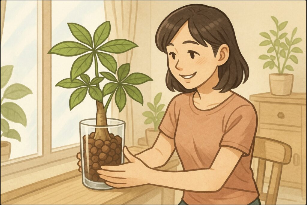 明るいリビングで、日本人女性がガラス容器に植えられたパキラを両手で持ち、微笑みながら窓辺に飾っている。背景にはナチュラルな木製の家具と観葉植物。