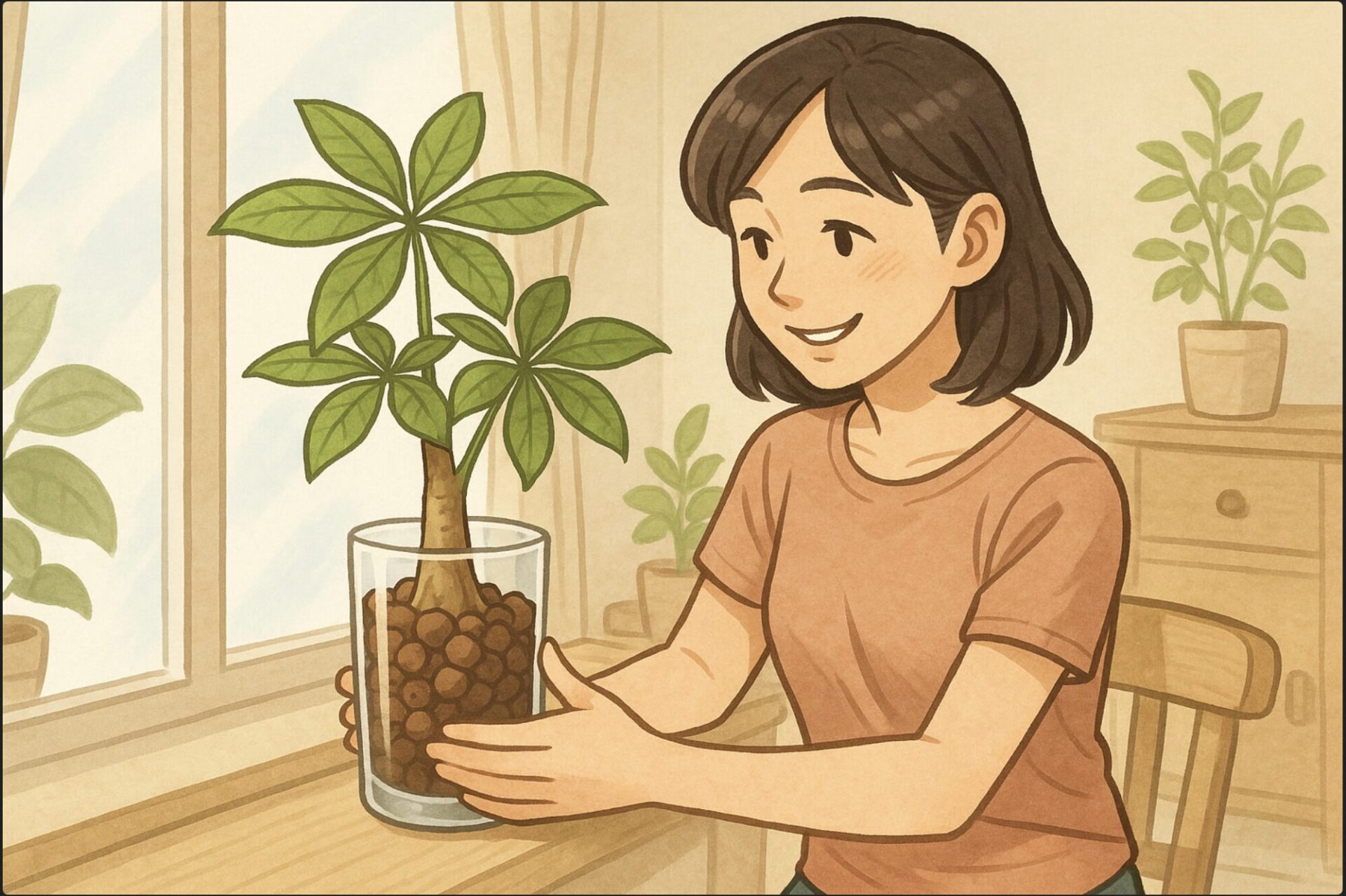 明るいリビングで、日本人女性がガラス容器に植えられたパキラを両手で持ち、微笑みながら窓辺に飾っている。背景にはナチュラルな木製の家具と観葉植物。