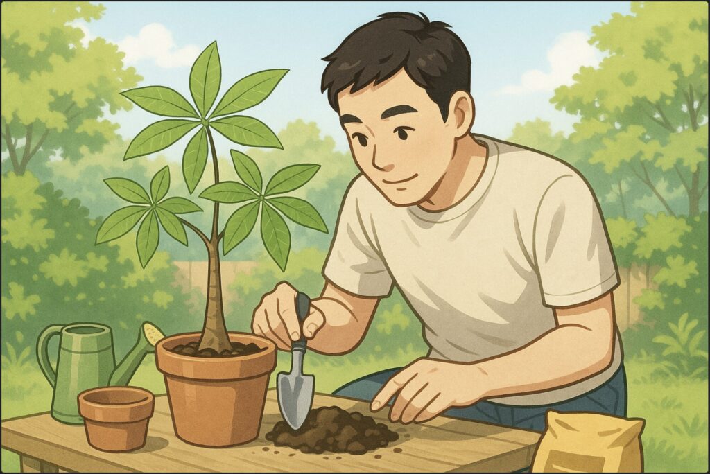 日本人男性が庭のテーブルの上でパキラを前に、手にスコップを持ち土の状態を確認している。鉢やジョウロ、肥料などが横に置かれた穏やかな日差しの庭の風景。