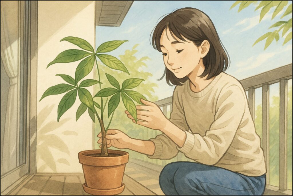 日本人女性がベランダの日陰でパキラをそっと外に出し、手で葉の状態を確認している。朝の柔らかい光、穏やかな表情、風に揺れる葉。