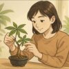 日本人女性が明るい室内で、机の上に置かれた小さな盆栽鉢のパキラを手に取り、枝ぶりを眺めながら丁寧に形を整えている。背景には緑の観葉植物と柔らかい自然光。