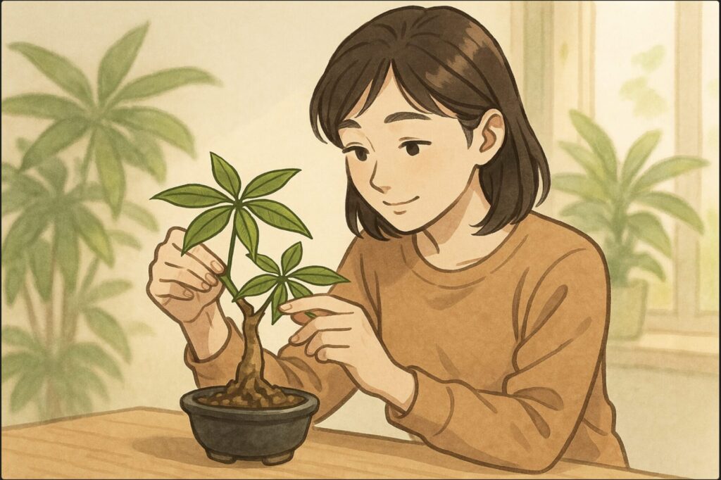 日本人女性が明るい室内で、机の上に置かれた小さな盆栽鉢のパキラを手に取り、枝ぶりを眺めながら丁寧に形を整えている。背景には緑の観葉植物と柔らかい自然光。