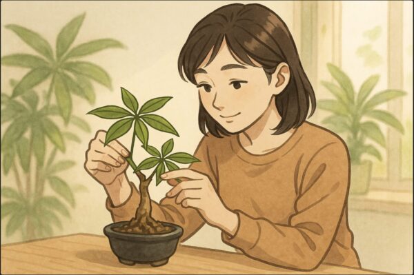 日本人女性が明るい室内で、机の上に置かれた小さな盆栽鉢のパキラを手に取り、枝ぶりを眺めながら丁寧に形を整えている。背景には緑の観葉植物と柔らかい自然光。