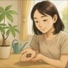 日本人女性が明るいリビングのテーブルで、手のひらに数粒のパキラの種を乗せて見つめている。背景には鉢やジョウロ、窓から差し込む自然光。育てる期待感のある穏やかな雰囲気。