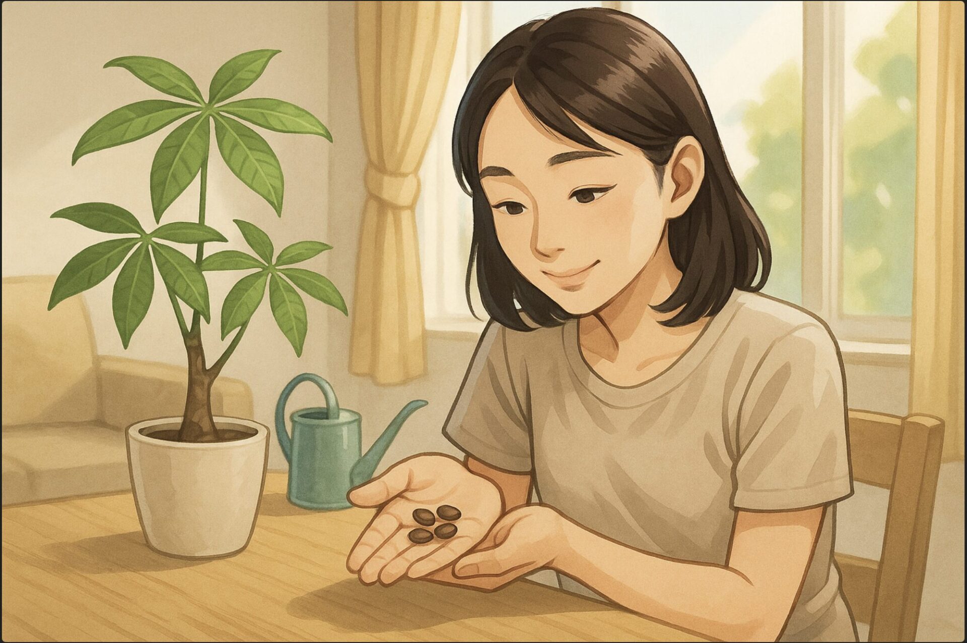 日本人女性が明るいリビングのテーブルで、手のひらに数粒のパキラの種を乗せて見つめている。背景には鉢やジョウロ、窓から差し込む自然光。育てる期待感のある穏やかな雰囲気。