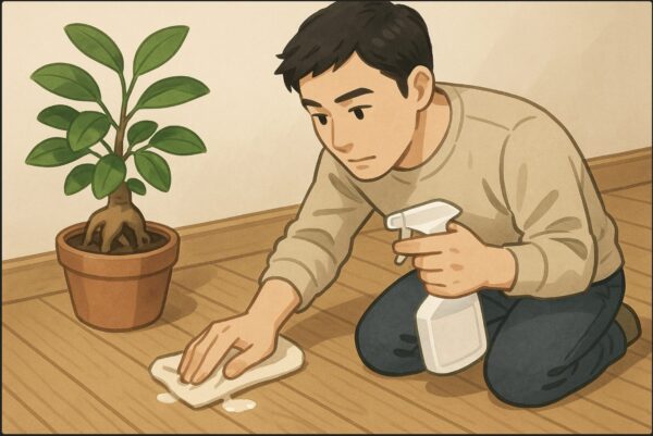 日本人男性が木製フローリングの床に垂れた樹液を、布とアルコールスプレーを使って優しく拭き取っている。床の上にガジュマルの鉢があり、手元の動作がわかりやすい構図。