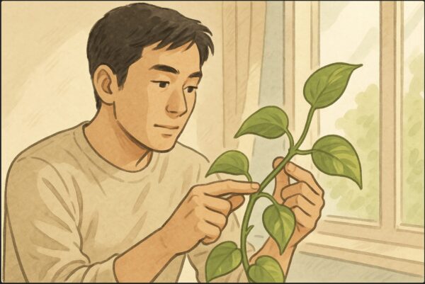 日本人男性がポトスの葉と茎を手で持ち、節の位置を指先で確認している。背景は日当たりの良い室内の窓辺。学びながら慎重に剪定箇所を見極める場面。