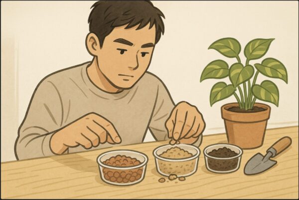 日本人男性が赤玉土・鹿沼土・腐葉土をそれぞれ透明な容器に入れ、手で触って質感を比べている。背景にはポトスの鉢とスコップ、明るいナチュラルな作業台。