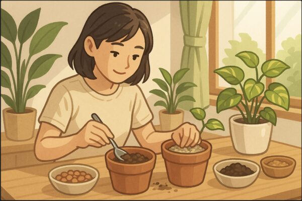日本人女性が室内のテーブルで、ポトスの鉢と数種類の土（赤玉土・鹿沼土・腐葉土など）を前に、配合比率を考えながらスプーンで土を混ぜている。周囲に観葉植物があり、明るい日差しが差し込む窓際。
