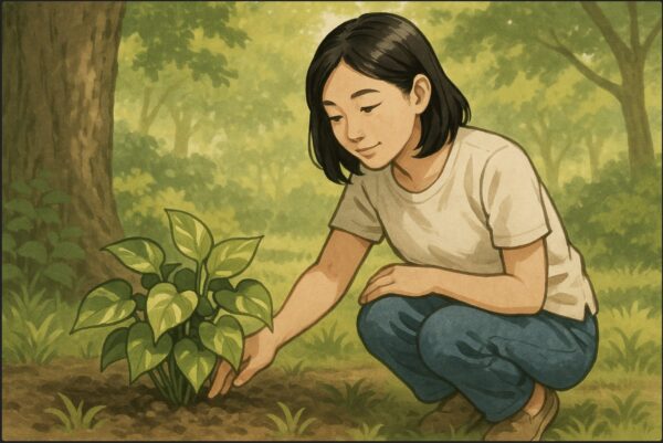 日本人女性が屋外の木陰で、地面のポトスを手で触りながら様子を見ている。背景には夏の緑が広がり、やわらかな日陰。屋外と室内の気温差を意識した穏やかな雰囲気。