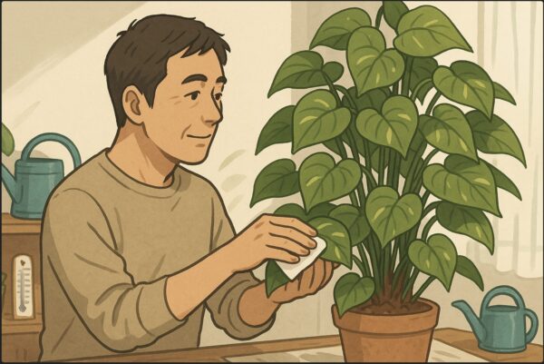 日本人男性が10年以上育てている大きなポトスを眺めながら、葉を軽く拭き取っている。背景には季節ごとの管理道具（ジョウロ、温度計など）があり、長く寄り添う暮らしの雰囲気。