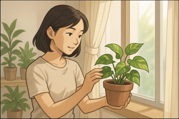明るい室内のリビングで、日本人女性が窓際の棚に置かれたポトスの鉢を手に取り、光の入り具合を確認している。柔らかい自然光が入り、背景にカーテンと観葉植物が並ぶ。
