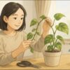 日本人女性がリビングのテーブルでポトスの鉢植えを前に、伸びたつるを持ち上げて観察している。明るい自然光が差し込む室内、ハサミや霧吹きが机の上に置かれている。穏やかな表情で手入れの準備をしている様子。