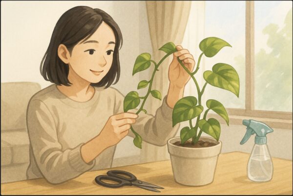 日本人女性がリビングのテーブルでポトスの鉢植えを前に、伸びたつるを持ち上げて観察している。明るい自然光が差し込む室内、ハサミや霧吹きが机の上に置かれている。穏やかな表情で手入れの準備をしている様子。