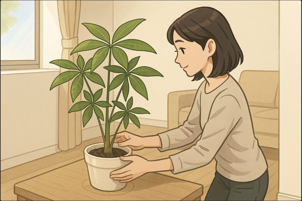 日本人女性がリビングの対角の隅（シンボルコーナー）にパキラの鉢を両手で持ってそっと配置し、床の位置マークに合わせて角度を微調整している。ソファとローテーブルの見える明るい室内。