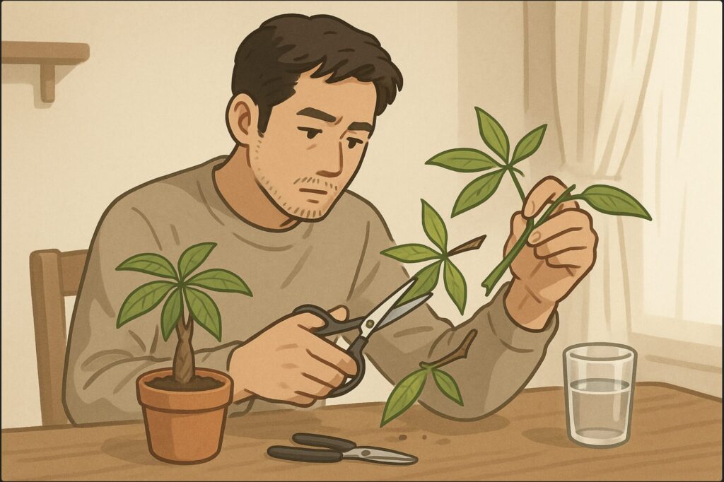 日本人男性が折れたパキラの枝を持ち、清潔なハサミで切り戻している場面。机の上に挿し木用の小さな鉢と水の入ったコップ。落ち着いた室内。