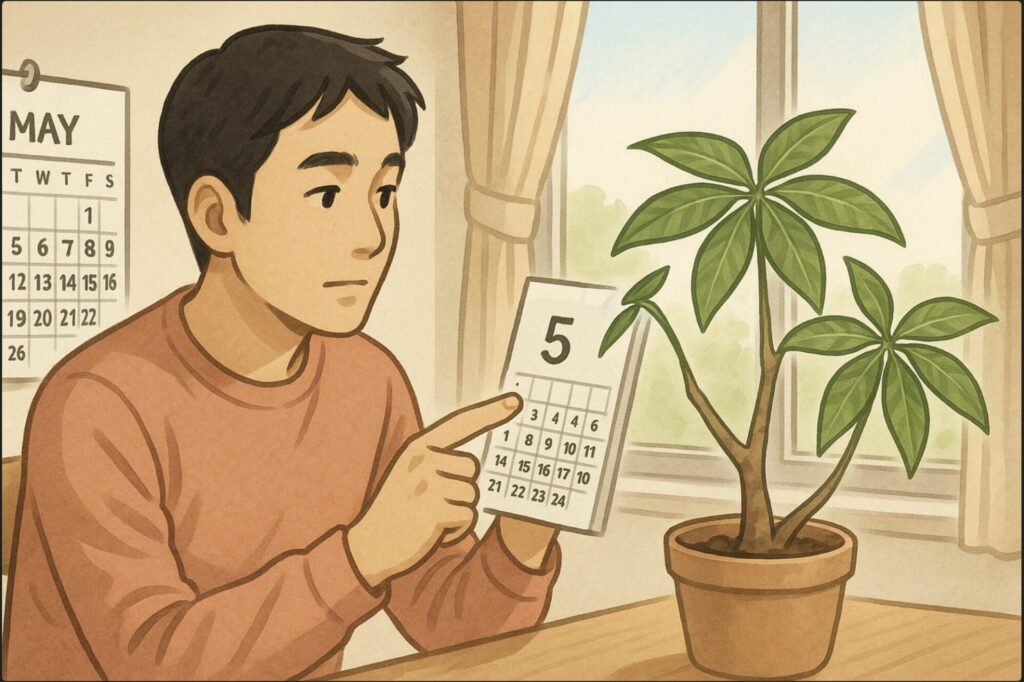日本人男性がカレンダーを指差しながら、5月のページを確認し、窓際のパキラを見ている。外には初夏の明るい日差し。剪定のタイミングを検討しているシーン。