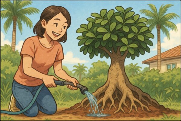 日本人女性が南国風の庭(青空とヤシ、明るい日差し)で、大きく育ったガジュマルの根元に水をまいている。健康的で笑顔の表情。